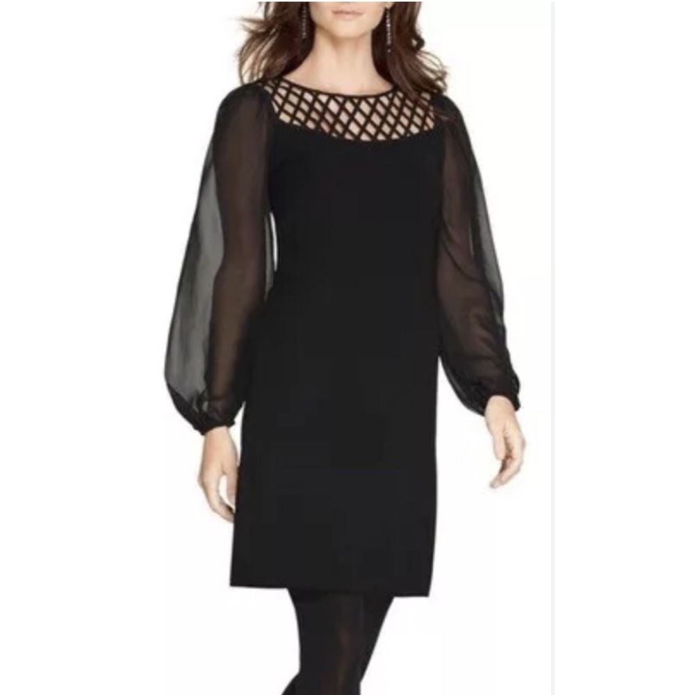 WHBM Cocktail Dress Sz 6 Black Sheath Lattice Neckline Sheer Sleeve Timeless LBD